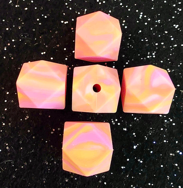 (5) Orange & Pink Marbled Hexagon Silicone Beads
