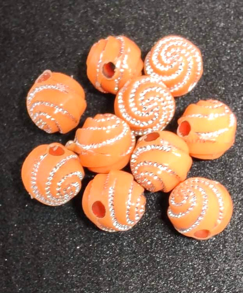 (10) 6mm Orange with Silver Glitter Swirl Beads