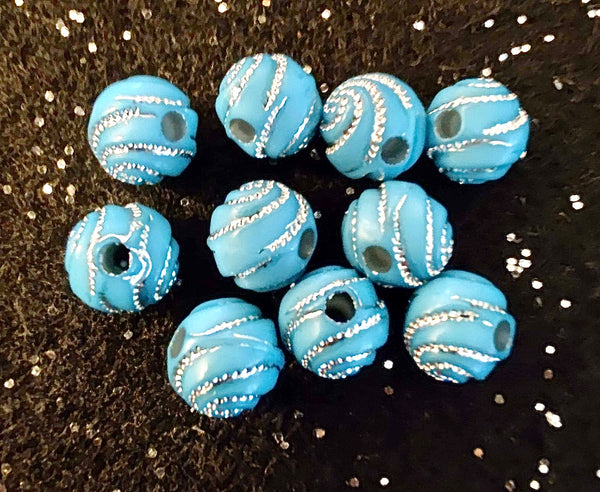 (10) 6mm Turquoise with Silver Glitter Swirl Beads