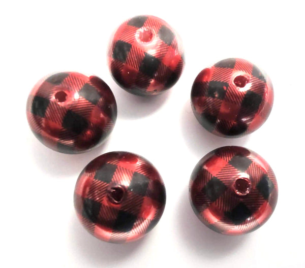 (5) Shiny Red & Black 20mm Houndstooth Beads