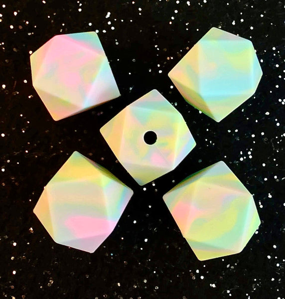 (5) Neon Marbled Hexagon Silicone Beads