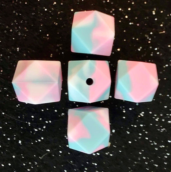 (5) Teal Blue & Pink Marbled Hexagon Silicone Beads