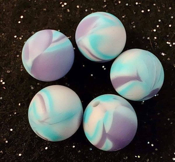 (5) White, Blue, Purple Marbled 15mm Silicone Beads