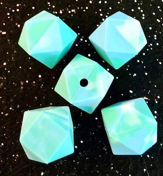 (5) Teal Green Marbled Hexagon Silicone Beads