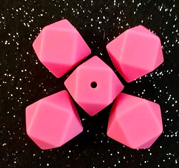 (5) Hot Pink Hexagon Silicone 16mm Beads