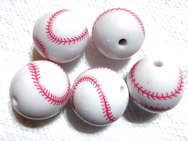 20mm Baseball Beads, White + Red