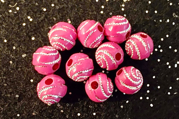 (10) 6mm Hot Pink with Silver Glitter Swirl Beads
