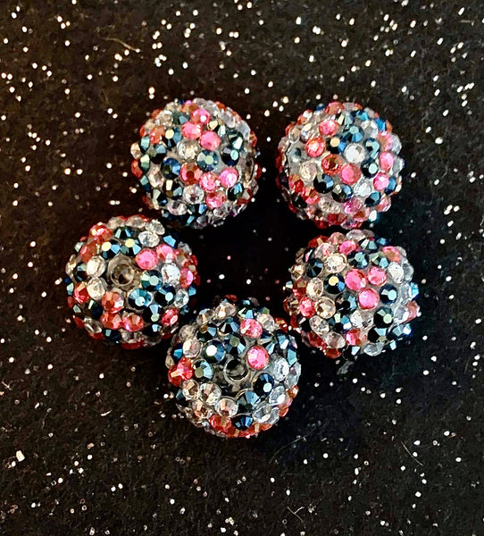 (5) Black, Pink, & Silver Rhinestone 20mm Beads