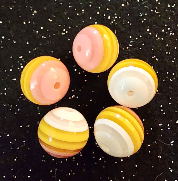(5) Pink, Orange, & White Striped 20mm Beads