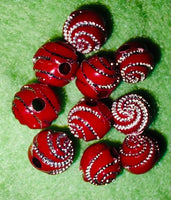(10) 6mm Red with Glitter Silver Swirl Beads