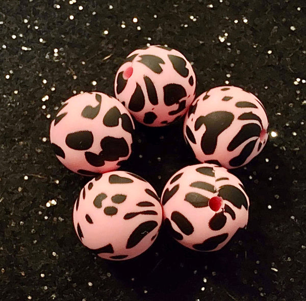 (5) Pink Cow Print 15mm Silicone Beads