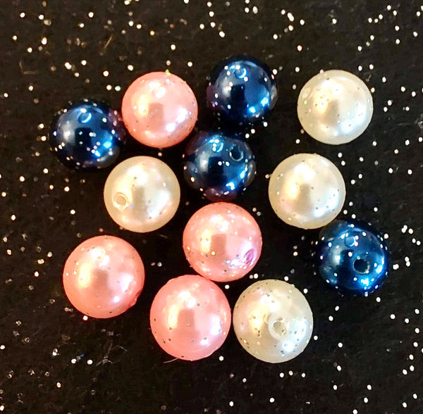 (12) Pink/Blue/White Glittered 12mm Beads