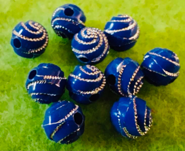 (10) 6mm Dark Blue with Glitter Silver Swirl Beads