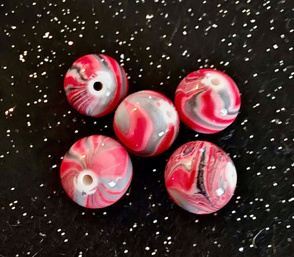 (5) Red & Gray Marble Swirl 20mm Beads