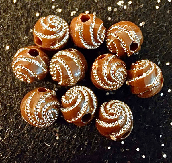 (10) Brown with Silver Swirl 6mm Beads